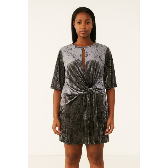 Zara Woman Gray Crushed Velvet Mini Dress With Knot Detail & Keyhole Neckline Si - Picture 5 of 7